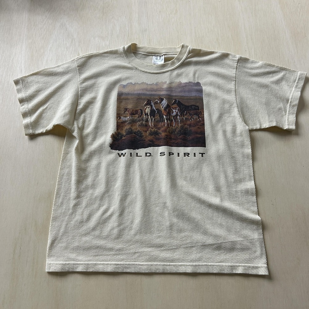 Vintage 90s Won's Wear Mens Large Beige Wild Spirit Horse Thermal Tee Shirt